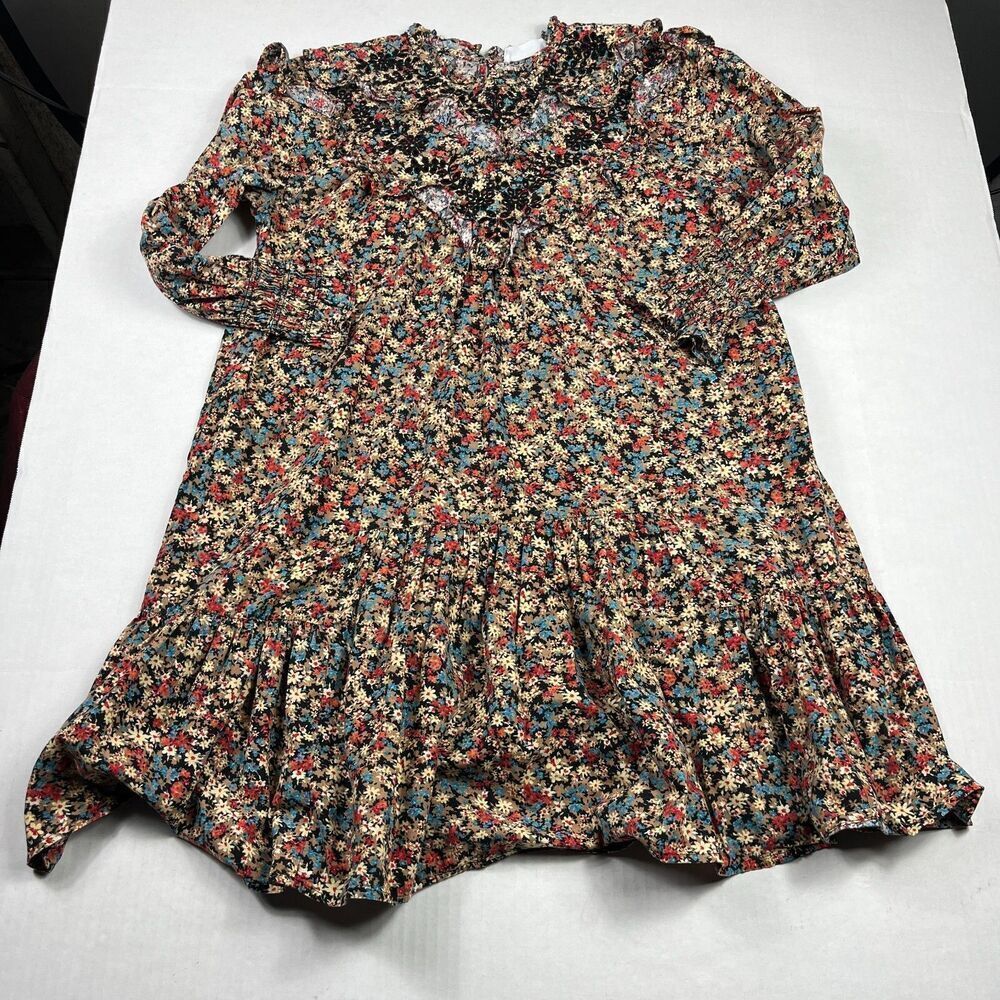 MNG Mango Long Sleeve Prairie Mini Dress Floral Embroidered Casual Boho MEDIUM
